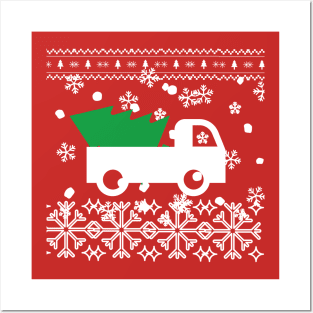 Ugly Christmas sweater design with a truck and Christmas tree Posters and Art